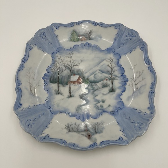 The Unbranded Brand Other - Vintage‎ Hand Painted Winter Scene Decorative Plate Signed 1976